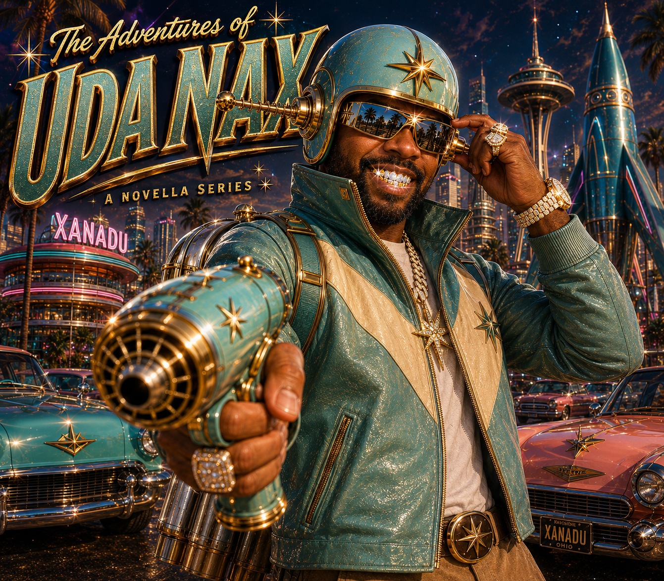The Adventures of Uda Nax — gold and green retro-futurist artwork